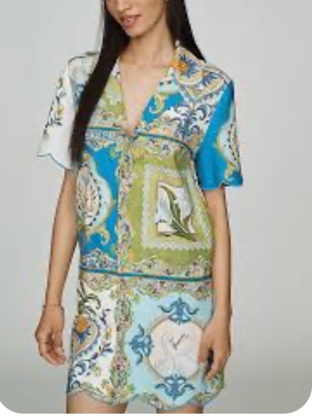 Silky Patchwork-Print Sleep Shirt - Blue & Green
